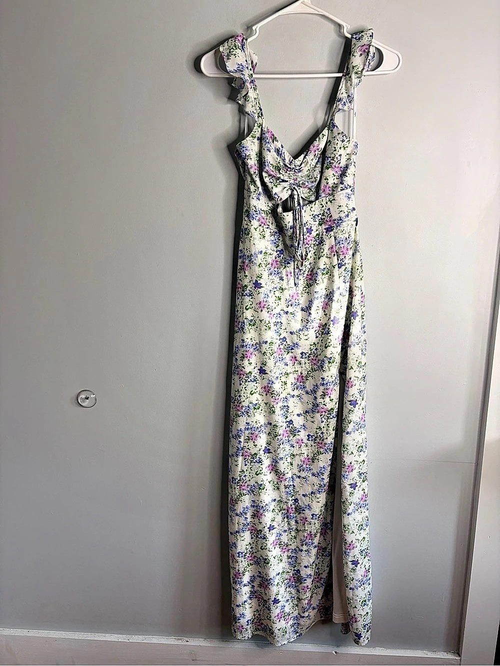 Lulus The Way to Love White Ruffled Maxi Dress Floral White & Purple XS